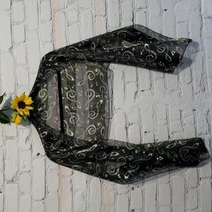Black scarf w/ white treble clef, music notes 60" x 13"